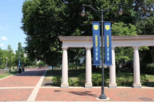 We're All Widener flags on campus Campus shot showing We're All Widener flags
