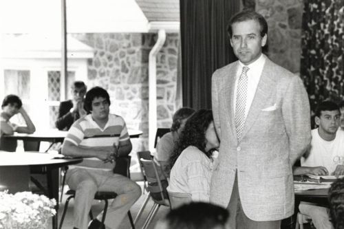 President Biden, then an adjunct professor, leads a discussion with students on the Delaware Law School campus.