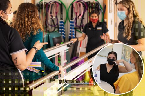 A designed image includes images of occupational therapy, speech-language, and physical therapy students working the health clinic.