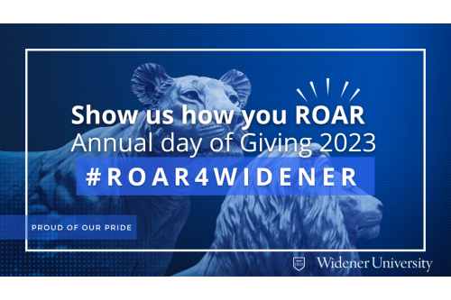 A blue image containing a photograph of the Lions statue from in front of Founders Hall, and the text &quot;Show us how you ROAR, Annual Day of Giving 2023&quot;