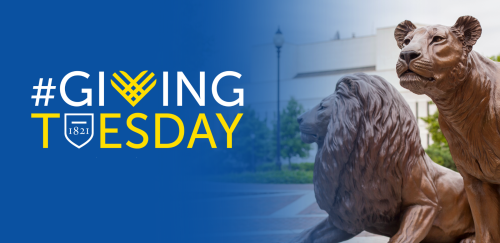 Giving Tuesday graphic featuring the pride statue lions